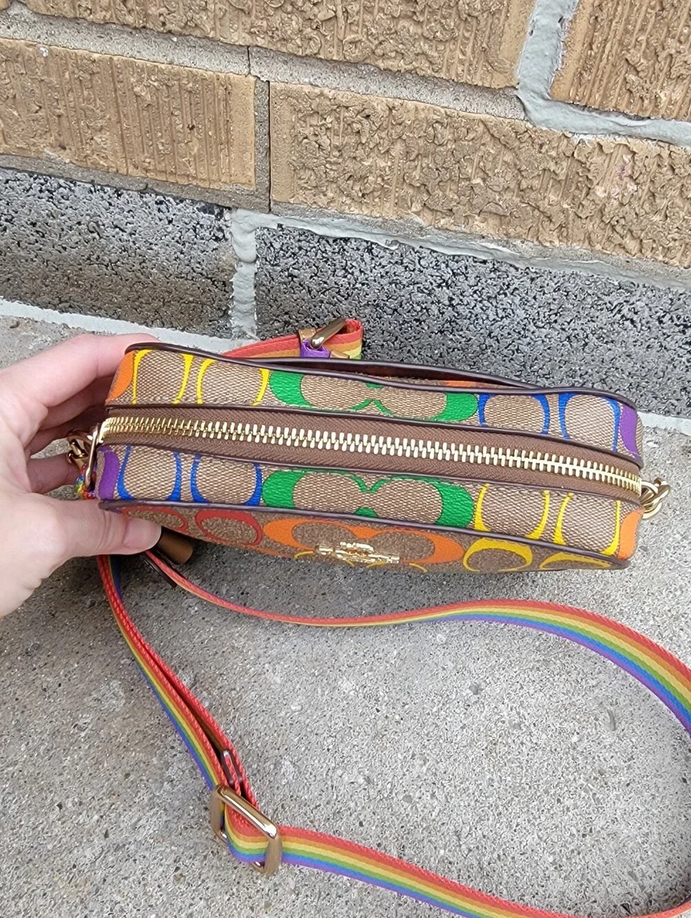 Coach Khaki Rainbow Signature Mini Camera Crossbody C4227